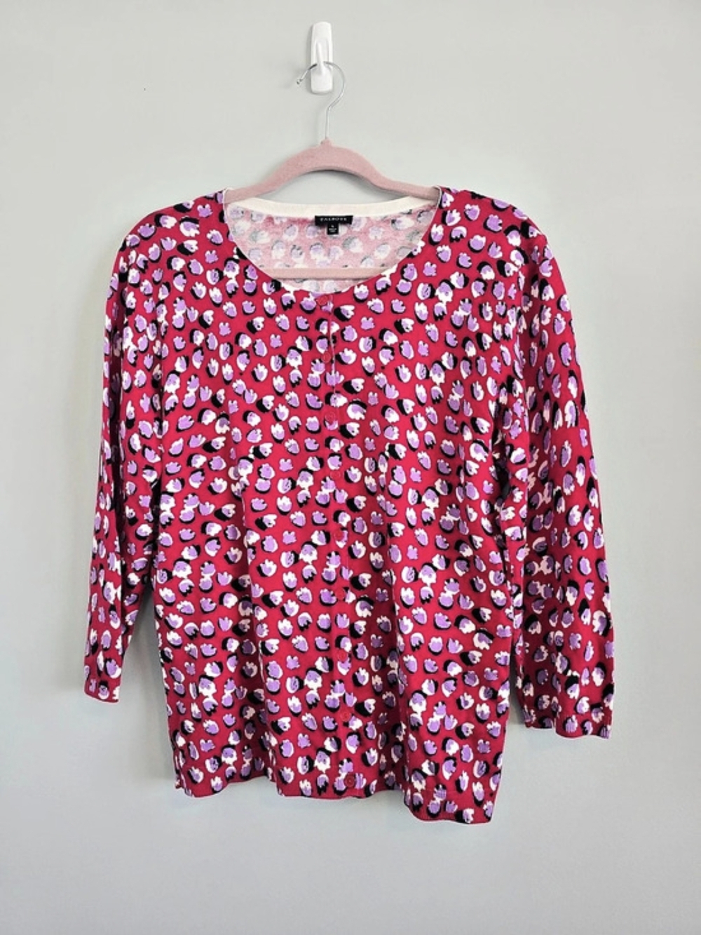Talbots Charming Cardigan Pink Purple Abstract Floral Women’s Large